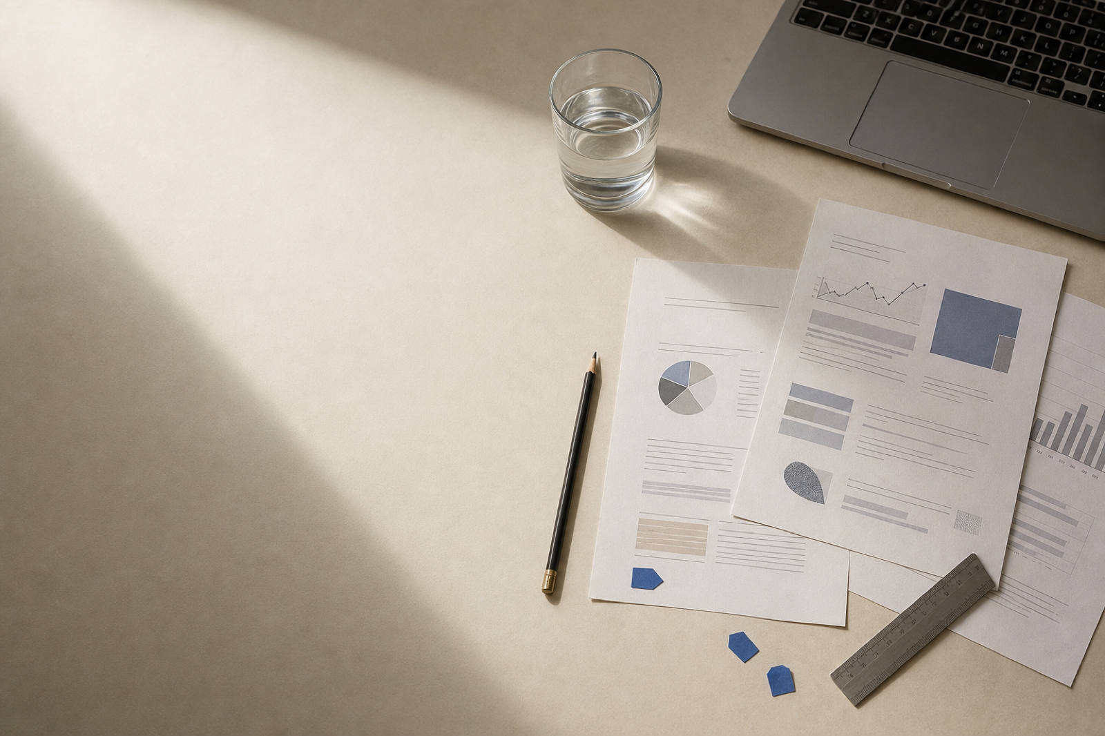 Werktafel met een laptop en uitgeprinte SEO-analyses